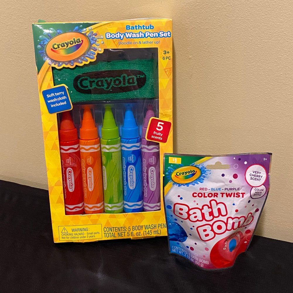 Crayola Body Wash Pen Set - 5 Fruity Scents - Includes Soft Wash Cloth NWT